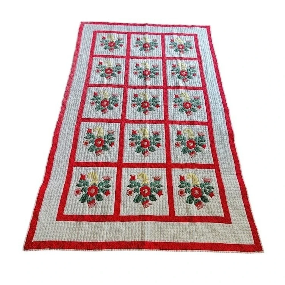 1940s HANDMADE Floral Basket Appliqué‎ Quilt Red Sashing Americana 98x65